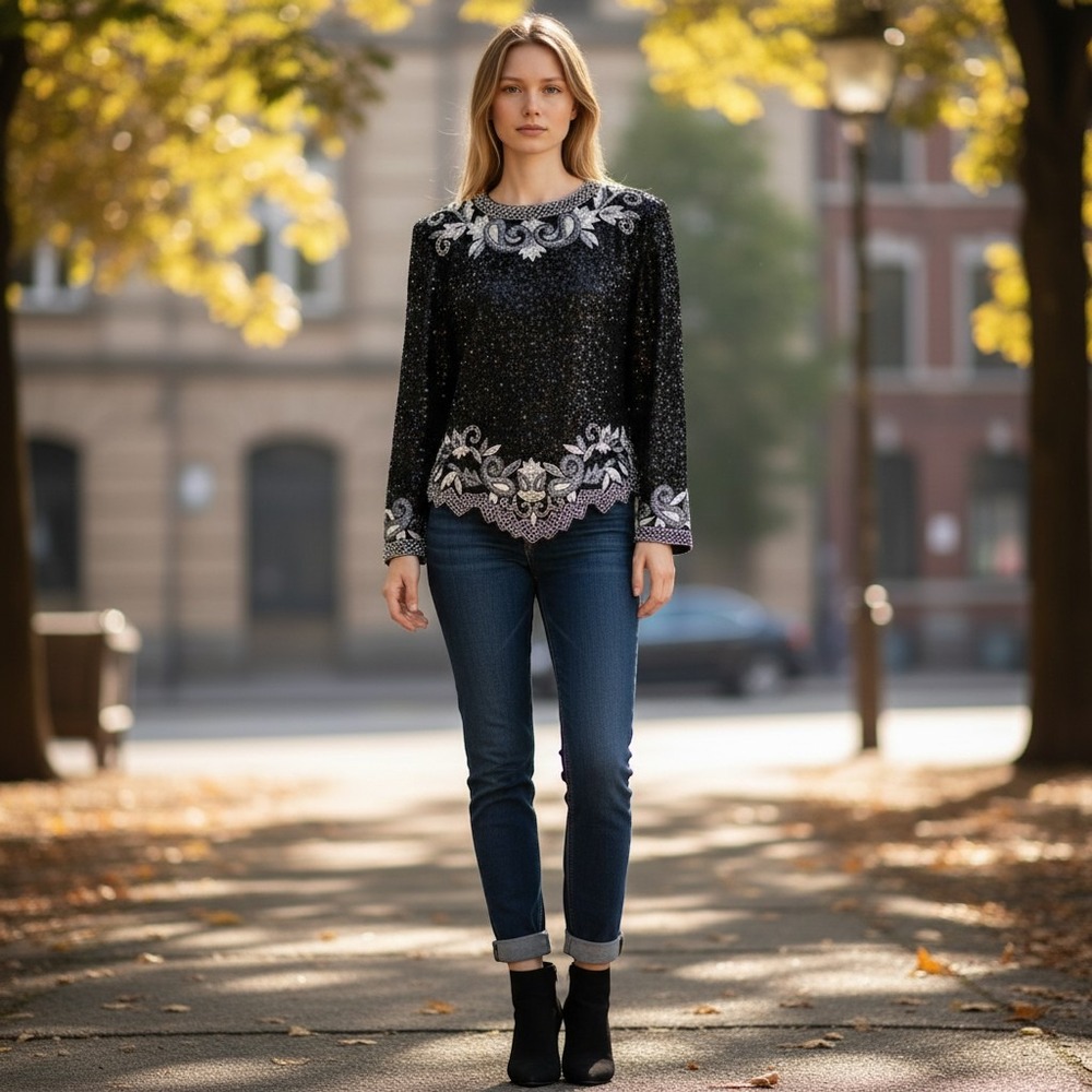 Vtg Lawrence Kazar Silk Beaded Sequin Embroidered Top Size XL Formal Cocktail